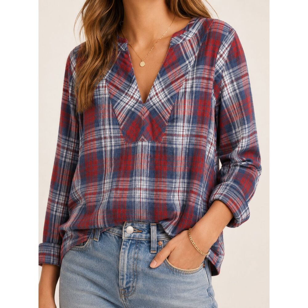 Madewell Plaid Popover Top Small Red Blue Cotton Flannel Boho Cottagecore